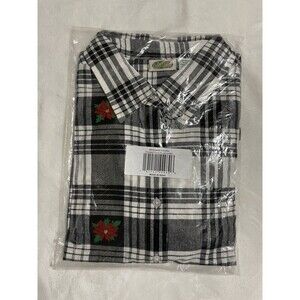 Collections Etc Embroidered Poinsettia Plaid Long Sleeve Woven Shirt Size Large